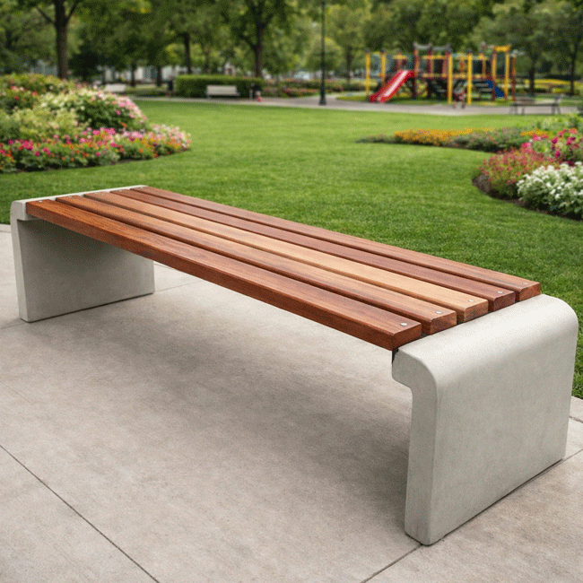 Banco de concreto em U invertido com assento em madeira - Flex